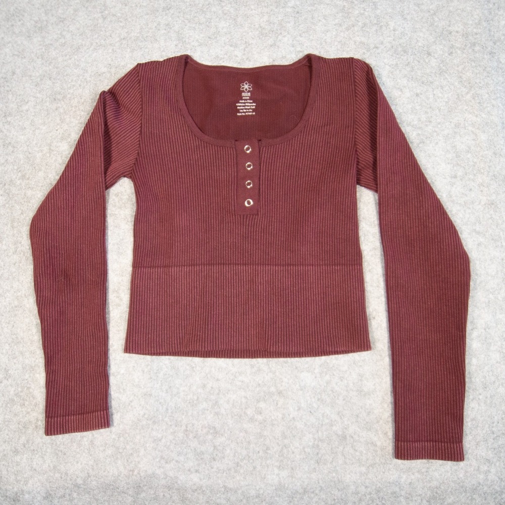 Aura Seemless Ribbed Long Sleeve Henley Crop Top XXS/XS Burgundy